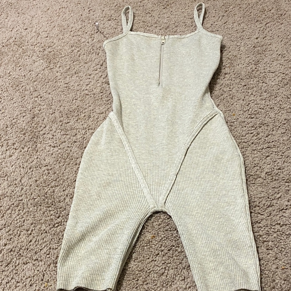 Ribbed Beige Spaghetti-Strap Jumpsuit